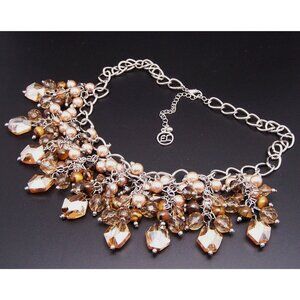 EL Erica Lyons Brown Faceted Glass Beads Necklace Faux Pearls Silver Tone Adjust